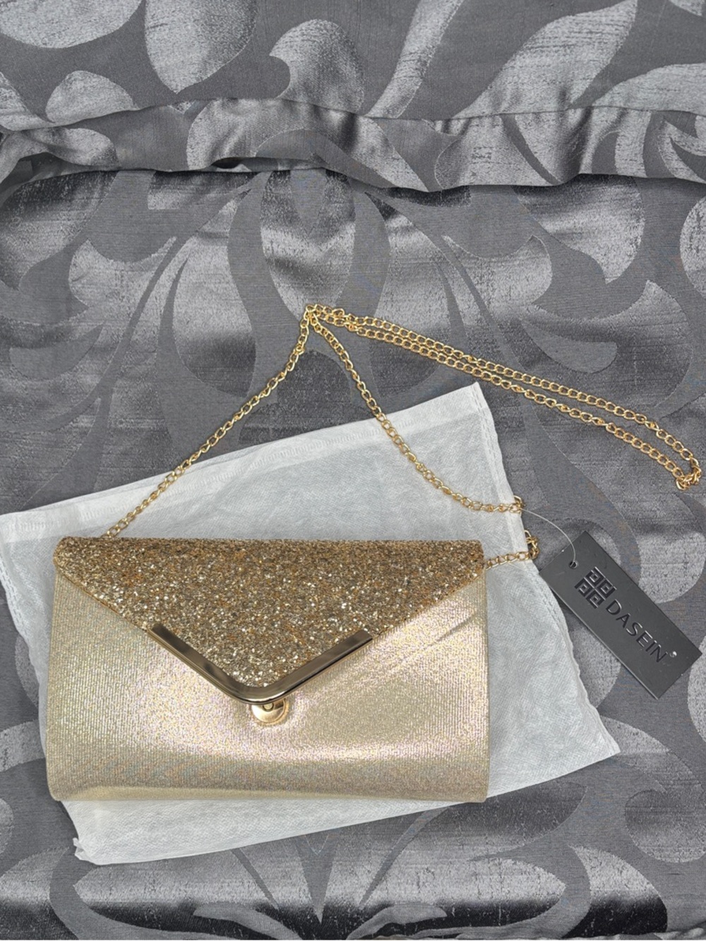 Baseni Gold Glitter Envelope Clutch with Chain Strap